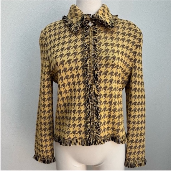 St John Collection Vintage Jacket Houndstooth Knit Designer Yellow Black Size 8